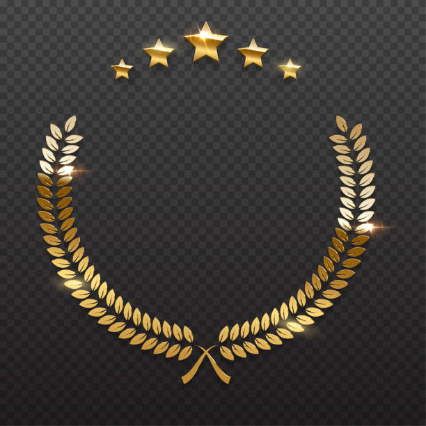 ilustrações de stock, clip art, desenhos animados e ícones de gold shiny circle laurel wreath with stars vector illustration. golden shining round badge prize for winner, award trophy nominee luxury symbol, nomination reward emblem on transparent background - gold medal medal winning trophy