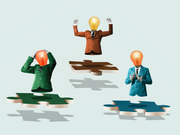 istock Contemporary collage with three characters on pieces of puzzle. 1354931952