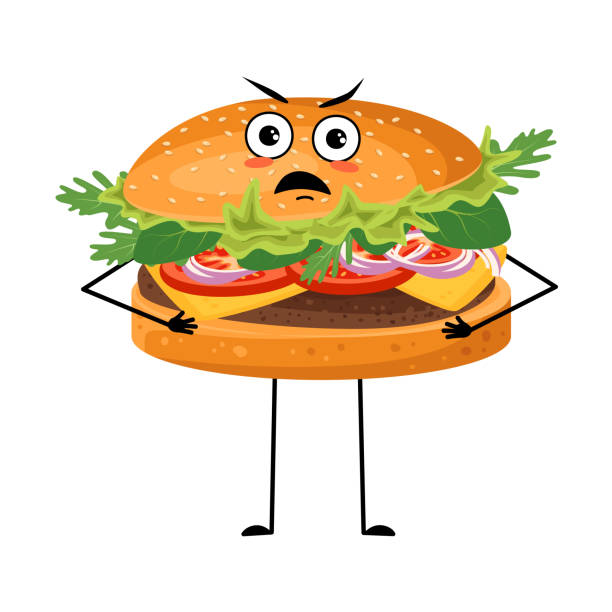 Cute character hamburger with angry emotions Cute character hamburger with angry emotions, grumpy face, furious eyes, arms and legs. Irritated fast food person, sandwich with furious expression. Vector flat illustration of product brat burger stock illustrations