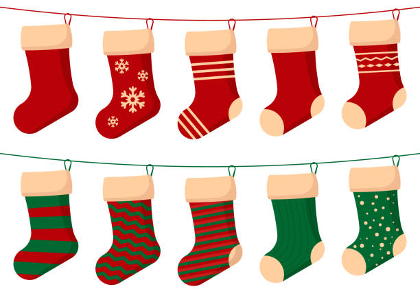 Set of christmas sock. Christmas stockings red green colors. Hanging holiday decorations for gifts. Vector illustration. Set of christmas sock. Christmas stockings red green colors. Hanging holiday decorations for gifts. Vector illustration. Eps 10. christmas stocking stock illustrations