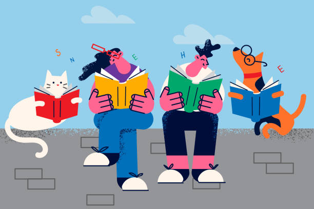 ilustraciones, imágenes clip art, dibujos animados e iconos de stock de feliz pareja con mascotas disfruta leyendo libros - dog school illustrations