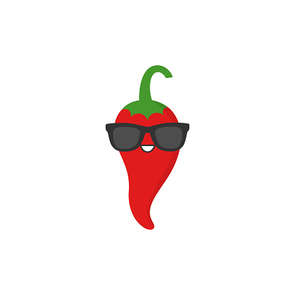Red spicy pepper chilli cute character cartoon smiling face sunglasses happy joy emotions simple sign hot icon logo beautiful vector illustration.