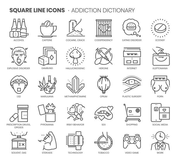 słownik uzależnień związany, doskonały piksel, edytowalny obrys, skalowalny zestaw ikon wektorowych linii kwadratowych. - sex symbol illustrations stock illustrations