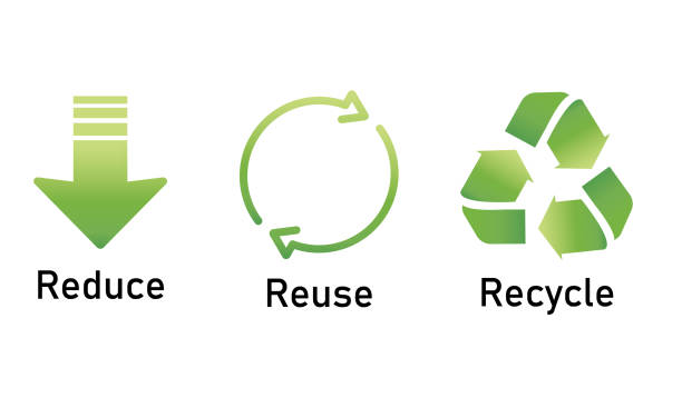 ilustraciones, imágenes clip art, dibujos animados e iconos de stock de reducir, reutilizar, reciclar el conjunto de signos en color degradado. - recycle symbol