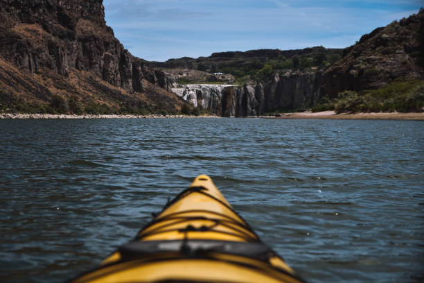 Kayaking to Shoshone Falls on the Snack River in Twin Falls Idaho stock photo