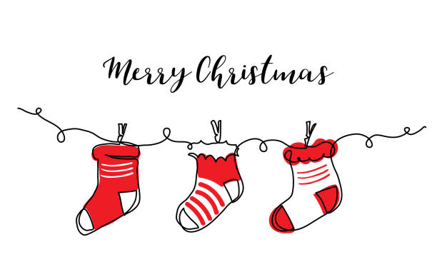 weihnachtssocken vektor handgezeichnete skizze, farbillustration für weihnachten. eine durchgehende strichzeichnung, hintergrund, banner, poster mit roten weihnachtssocken - strumpfwaren stock-grafiken, -clipart, -cartoons und -symbole