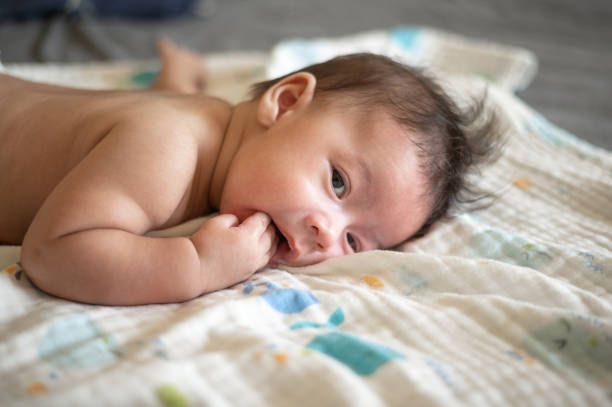 istock Adorable three months old newborn baby boy lying on its belly 1354938881