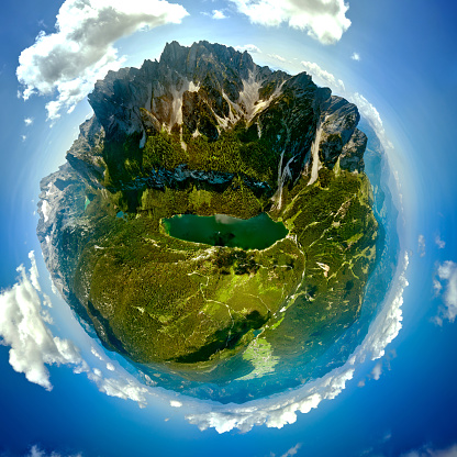 round panoramf areal shot landscape from above in sunrise.