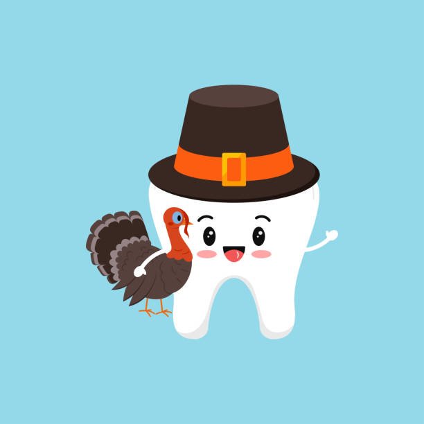 ilustraciones, imágenes clip art, dibujos animados e iconos de stock de niño de dientes de acción de gracias con sombrero de peregrino con pavo en mano. - thanksgiving dinner party turkey feast day