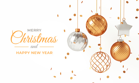 Merry Xmas and happy new year white background with golden hanging balls and text. Christmas elegant banner or flyer in 3D illustration
