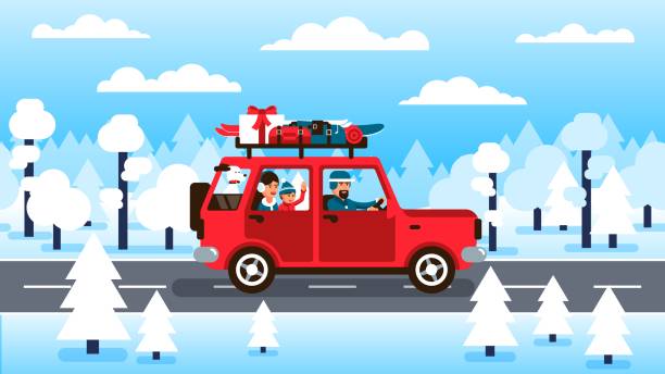 illustrazioni stock, clip art, cartoni animati e icone di tendenza di la famiglia guida un'auto durante le vacanze invernali lungo la strada forestale - skiing family winter snow