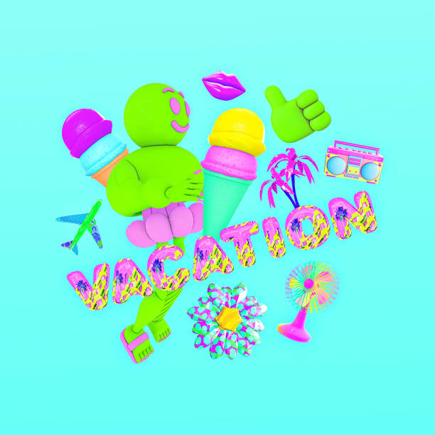 istock Minimalistic stylized collage art. 3d funny characters have good beach time. Text vacation 1354944806