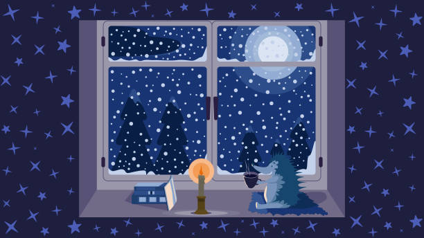 A Cozy Warm Room, A Hedgehog Is Drinking Coffee And Reading A Book, And It's A Cold Night Outside, The Moon Is Shining and Snowflakes Are Falling Vector Image Of A Warm Room With A Hedgehog, In A Cozy Atmosphere. It's Cold and Night outside. Romance, Celebration. Privacy zills stock illustrations