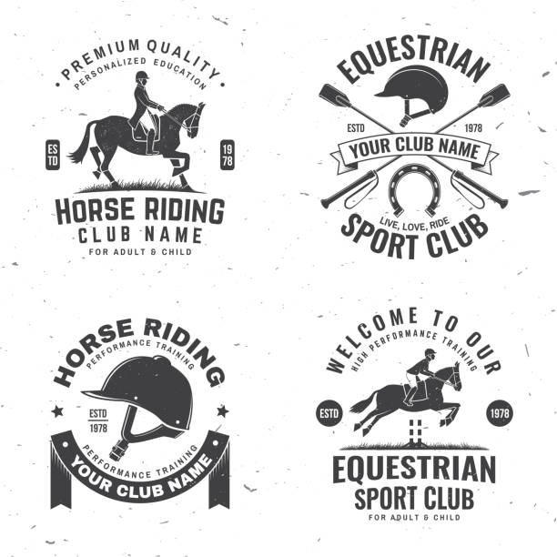 set von pferderennen sport club abzeichen, patches, emblem, logo. vektorillustration. vintage monochromes reitlabel mit reiter- und pferdesilhouetten. reitsport. konzept für hemd oder logo, print, stempel oder t-shirt. - mounted stock-grafiken, -clipart, -cartoons und -symbole