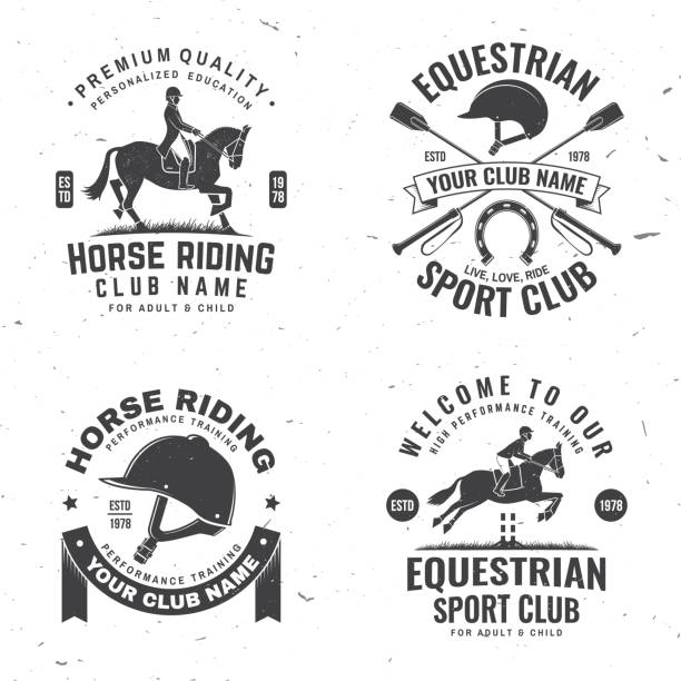 競馬スポーツクラブバッジ、パッチ、エンブレム、ロゴのセット。ベクターの図。ライダーと馬のシルエットを持つヴィンテージモノクロ馬術ラベル。乗馬スポーツ。シャツやロゴ、プリン� - mounted点のイラスト素材／クリップアート素材／マンガ素材／アイコン素材