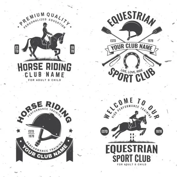 Vector illustration of Set of Horse racing sport club badges, patches, emblem, logo. Vector illustration. Vintage monochrome equestrian label with rider and horse silhouettes. Horseback riding sport. Concept for shirt or logo, print, stamp or tee.