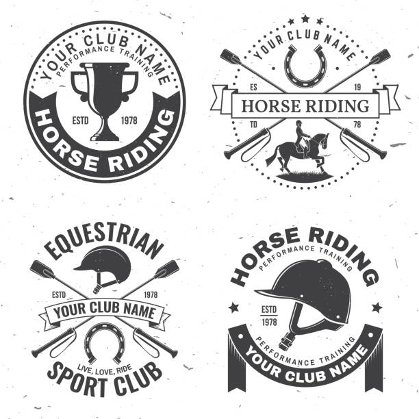 illustrazioni stock, clip art, cartoni animati e icone di tendenza di set di stemmi di club sportivi di corse di cavalli, patch, emblema, logo. illustrazione vettoriale. etichetta equestre monocromatica vintage con silhouette di cavalieri e cavalli. sport di equitazione. concetto per camicia o logo, stampa, timbro o magliett - child running sport sports race