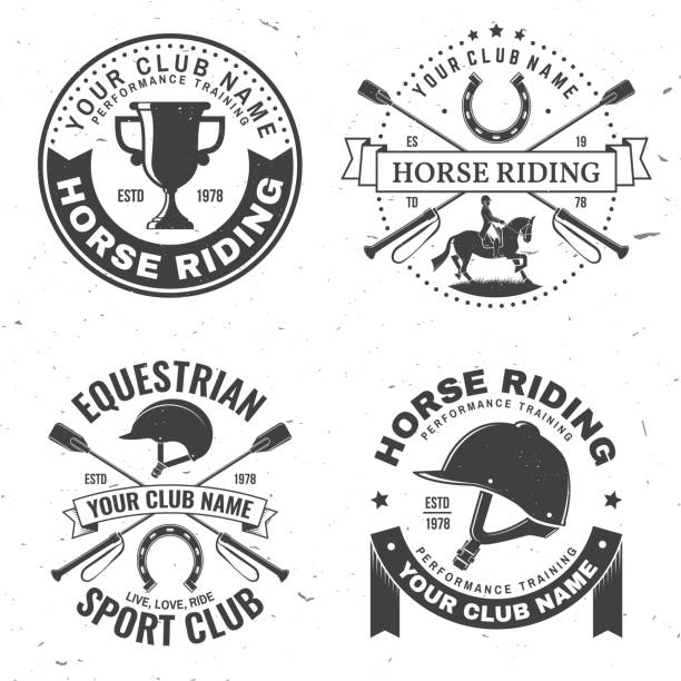 Set of Horse racing sport club badges, patches, emblem, logo. Vector illustration. Vintage monochrome equestrian label with rider and horse silhouettes. Horseback riding sport. Concept for shirt or logo, print, stamp or tee. vector art illustration