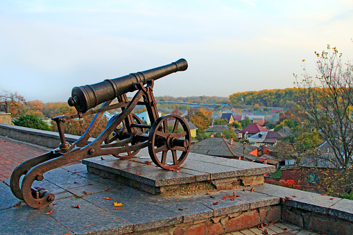 View on Old cast-iron cannon in Chernihiv park, Ukraine