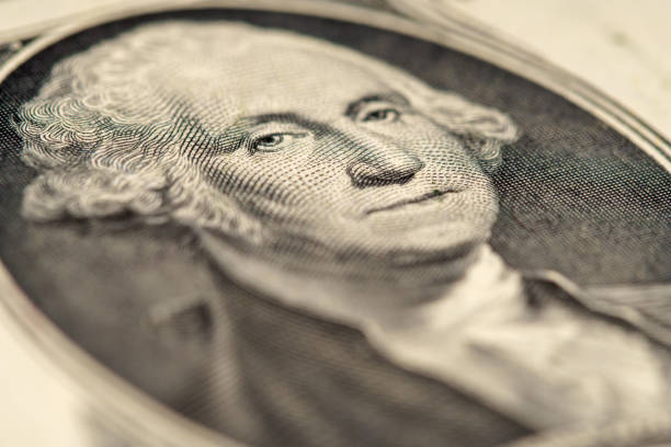 Portrait of George Washington on 1 dollar bill, close-up, selective focus, low shallow focus
