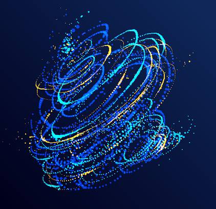 Dotted particle whirl flowing vector abstract background, life forms bio theme microscopic vortex design, dynamic dots elements in spin motion.