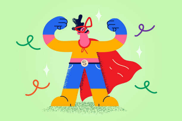 Smiling guy in superhero costume celebrate victory Overjoyed boy child in superhero costume feel powerful show muscles enjoy costume carnival. Smiling guy dressed like super hero celebrate win or victory. Success and power. Flat vector illustration. boy getting dressed for school stock illustrations