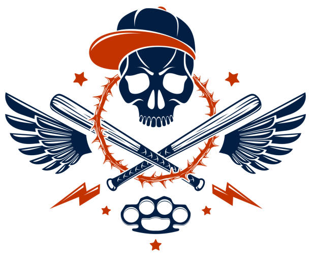 brutales gangster-emblem oder logo mit aggressiven totenkopf-baseballschlägern und anderen waffen und designelementen, vektor-anarchie-verbrechen oder terrorismus-retro-stil, ghetto-revolutionär. - skull baseball ball stock-grafiken, -clipart, -cartoons und -symbole