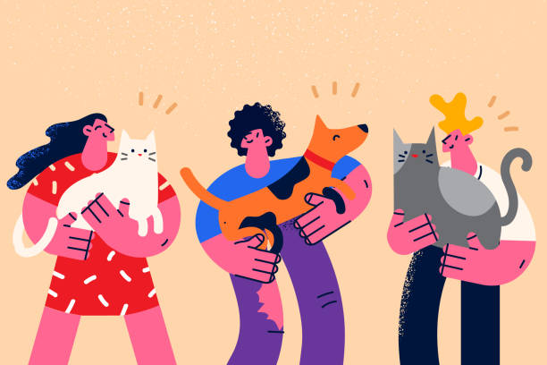 Happy people hold domestic animals cats and dogs Happy diverse people hold in arms cats and dogs show love and care. Smiling men and women with domestic pets. Saving animal from shelter. Human and puppy friendship. Flat vector illustration. pets and animals stock illustrations