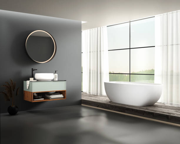 istock Modern bathroom interior with concrete flooring 1354954165