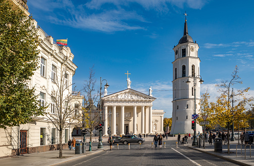 Vilnius, Lithuania - October 3,  2021: Gediminas Avenue, the main street of Vilnius.  Cathedral Square with Cathedral Basilica of St. Stanislaus and St. Ladislaus and befry.