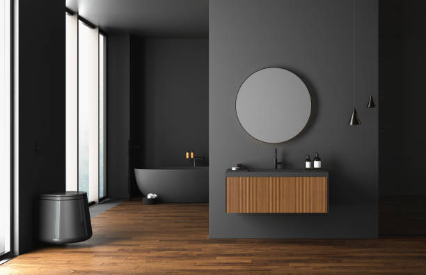 istock Dark bathroom interior with black parquet floor. 1354954455