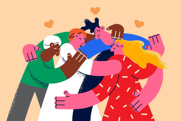 ilustraciones, imágenes clip art, dibujos animados e iconos de stock de feliz abrazo de personas multiétnicas muestra amor y apoyo - abrazo