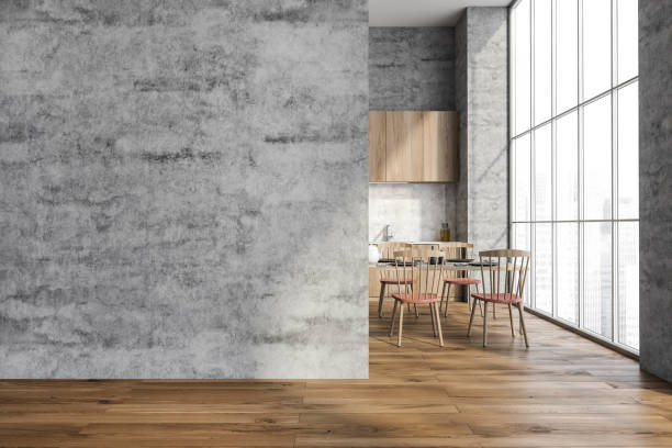 istock Grey wall in kitchen corridor with parquet floor 1354955891