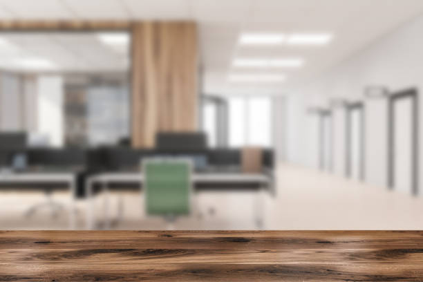 istock Table for product display with background blurred beige office corridor 1354956203