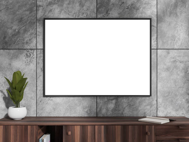 istock Grey exhibition room interior with drawer and decoration, mockup poster 1354957131