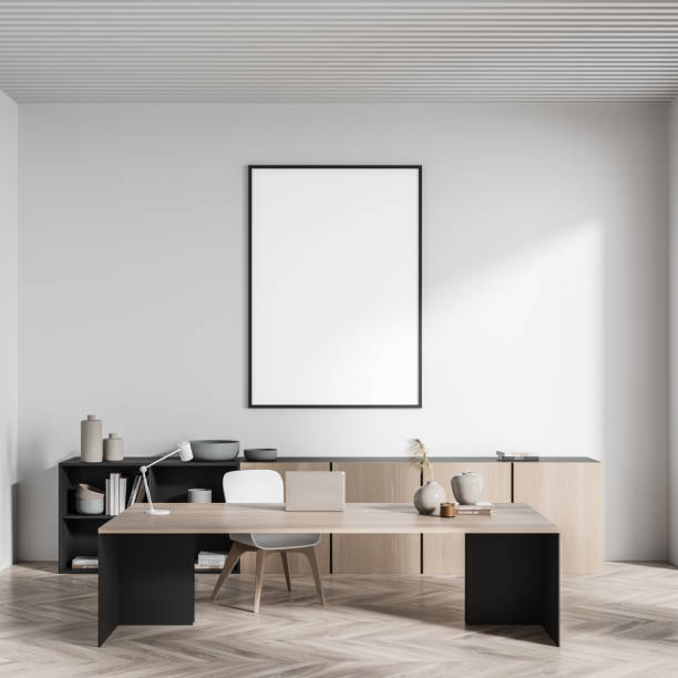 istock Light manager room interior with chair and table, mockup poster 1354957554