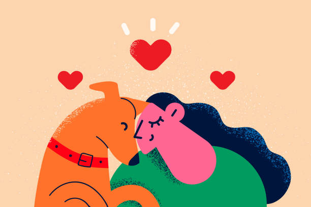 ilustraciones, imágenes clip art, dibujos animados e iconos de stock de feliz mujer abrazo espectáculo caninos amor y cuidado - puppy