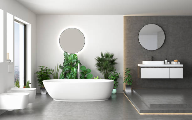 istock Minimalist bathroom interior with concrete floor, white wall background 1354958220