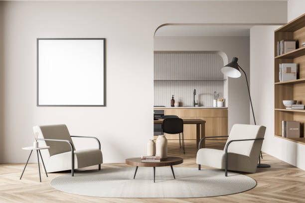 istock Beige living room with square frame and background kitchen 1354959307
