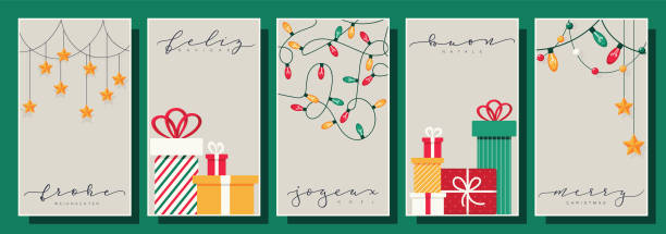 multilingual christmas greeting card set - i̇talyanca illüstrasyonlar stock illustrations