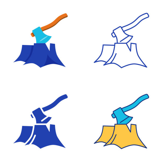 Logging icon set in flat and line style Logging icon set in flat and line style. Deforestation symbol. Tree stump and axe. Vector illustration. tree cutting silhouette stock illustrations