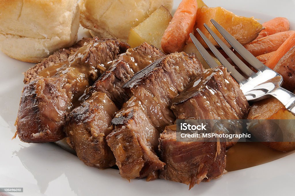 Beef pot roast Closeup of a plate of beef pot roast with mushroom gravy Pot Roast Stock Photo