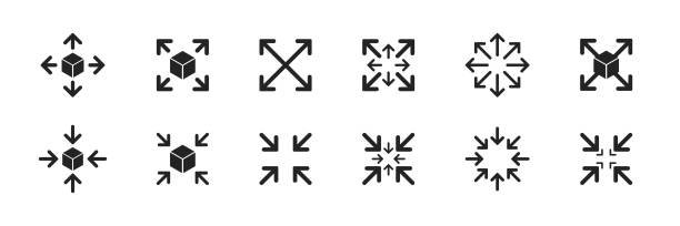 illustrations, cliparts, dessins animés et icônes de défini avec l’icône d’agrandissement pour la conception web. icône vectorielle fléchée. symboles simples d’extension et de diminution. - étaler