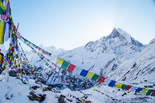 Fresh snow in the morning at Annapurna base camp after a long hike
