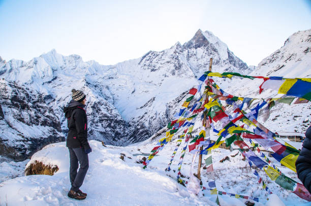 Annapurna base camp Fresh snow in the morning at Annapurna base camp after a long hike annapurna circuit photos stock pictures, royalty-free photos & images