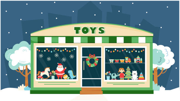 Toy shop window with Christmas decoration. Christmas shop. Childrens toys on the shop window. Doll, teddy bear, car, steam, pyramid, ball, dino.Toy shop front. Vector illustration in flat style. Toy shop window with Christmas decoration. Christmas shop. Childrens toys on the shop window. toy store stock illustrations