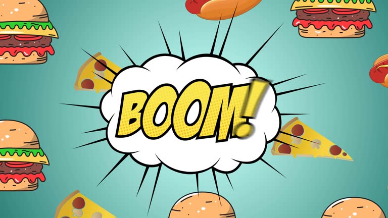 Animation of illustration with boom text over fast food hot dogs, hamburgers and pizza slices