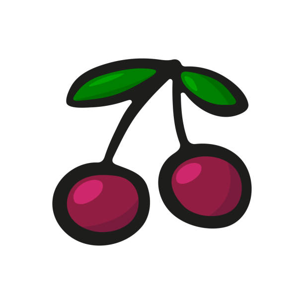 икона вишневой ягоды. цветной контур силуэта. векторная плоская графическая рисована иллюстрация. изолированный объект на белом фоне. изол - black cherries stock illustrations
