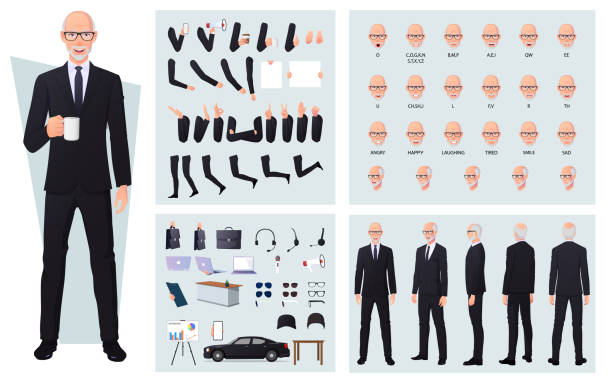 ilustraciones, imágenes clip art, dibujos animados e iconos de stock de viejo hombre de negocios en traje negro juego de creación de personajes, frente, lateral, vista trasera personaje animado hombre premium vector - only men illustrations