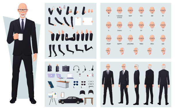 Old Businessman in black suit Character Creation Set, Front, Side, Back view animated character Man Premium Vector Old Businessman in black suit Character Creation Set, Front, Side, Back view animated character Man Premium Vector fictional character stock illustrations